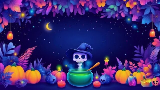 Cartoon skeleton in a witch hat stirring a green potion in a cauldron under a crescent moon with pumpkins. Halloween background. Samhain