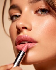 Closeup of a young woman applying soft pink lipstick flawless glowing skin long eyelashes subtle eye makeup natural beauty isolated on a neutral beige background skincare and cosmetic detail