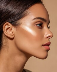 Closeup of a young woman blending contour on jawline matte finish skin defined cheekbones even cosmetic lighting isolated on a neutral beige background highly detailed beauty studio shot