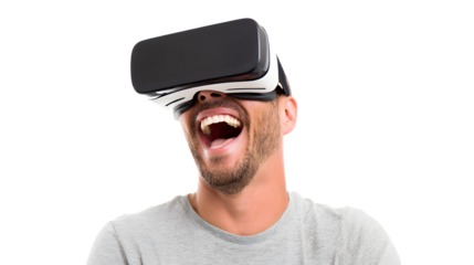Man with VR headset, experiencing immersive virtual reality, excitement on transparent background