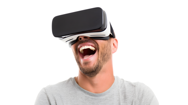 Man with VR headset, experiencing immersive virtual reality, excitement on transparent background