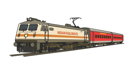 Detailed vector of an Indian Railways passenger train with electric locomotive and coaches on tracks. Modern rail transport, intercity travel and public transportation concept in India © Ashiyana