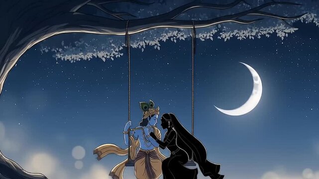 divine love radha krishna under tree crescent moon