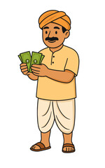 A happy Indian farmer in traditional attire counting cash notes, symbolizing agricultural income, successful harvest, rural economy, and financial growth in farming