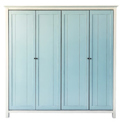 Fototapeta premium Charming four-door wardrobe in pastel blue with white frame, paneled design, and minimalist knobs, perfect for modern, coastal, or farmhouse bedroom storage and stylish interior decor.