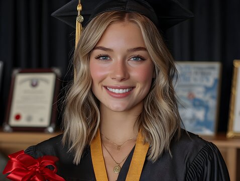 Smiling blonde woman poses in graduation cap and gown with red bow holding her diploma proudly today. - Powered by Adobe