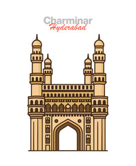 Iconic Charminar vector illustration: a historical monument and majestic Islamic architecture symbolizing Hyderabad, India's rich culture and heritage.