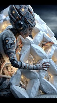 Full shot, full length body view, full scene view, A beautiful female cyborg eskimo, in traditional eskimo attire, she is building a large, futuristic igloo with glowing blocks of ice