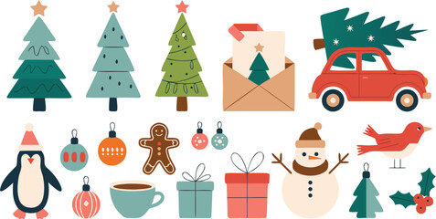 Fototapeta premium Illustrated Christmas Icons Set Trees, Ornaments, Penguin, Car, Snowman, Gift Boxes and More Festive Elements
