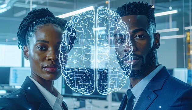 Professionals collaborating with AI brain hologram