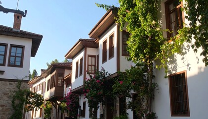 Fototapeta premium White buildings with flowers and trees