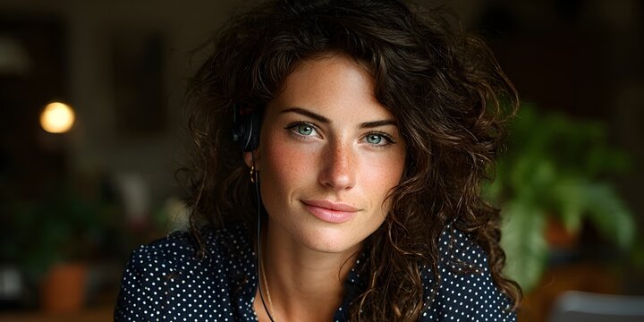 A young woman with curly brunette hair and freckles listens to music with headphones while relaxing indoors.