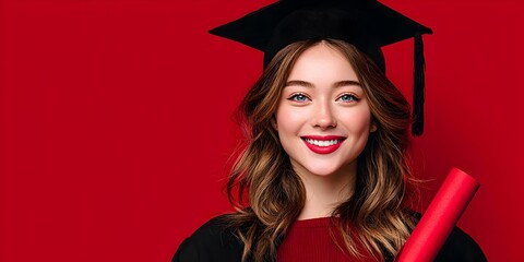 Smiling graduate in cap and gown holds diploma with pride against a vibrant solid red background color.