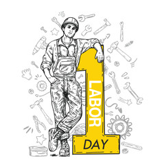 Male laborer with Number one. Sharp line vector illustration on white background. Hand drawn illustration for various events such as Labor Day.