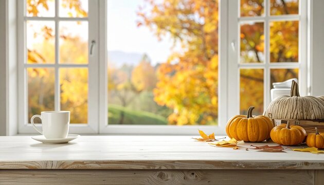 Empty desk with autumn themed window background