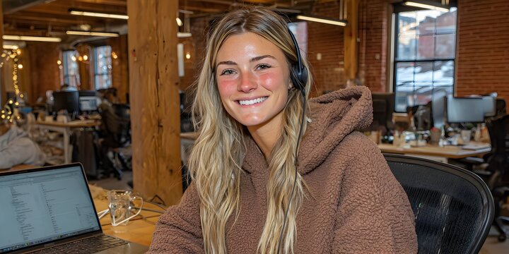 A young woman wea a headset smiles while working on a laptop in a modern open office environment. - Powered by Adobe