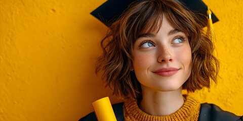 A happy young woman with freckles is graduating with her diploma on a bright yellow background today.