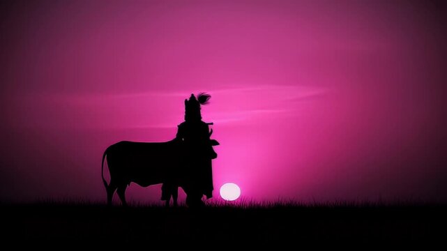 krishna and sacred cow silhouette sunset