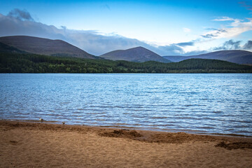 lake and mountains, loch morlich, cairngorms, loch, lake, scotland, beach, highlands, scotland, uk, heather