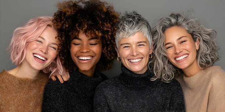 Four diverse women with stylish haircuts smile brightly while posing together in a studio setting portrait.