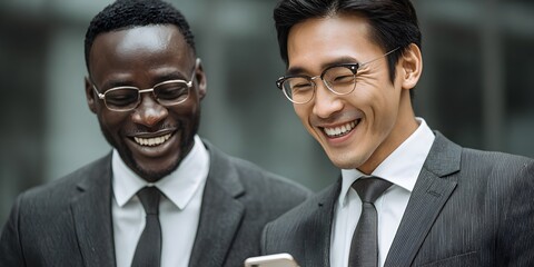 Two smiling diverse businessmen in suits look at a smartphone screen outdoors with a building backdrop.