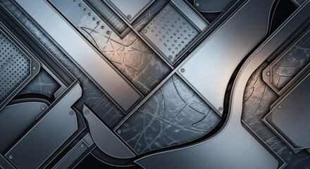 A futuristic abstract background of overlapping metallic panels with diverse textures, rivets, and a warm central glow.