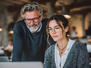 Mature mentor guides young professional woman working on a laptop in a collaborative office setting.