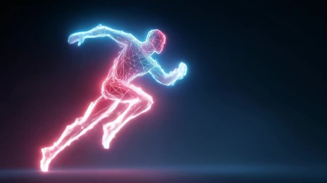 A glowing neon wireframe human figure runs dynamically in a dark virtual space, symbolizing speed, energy, and futuristic technology