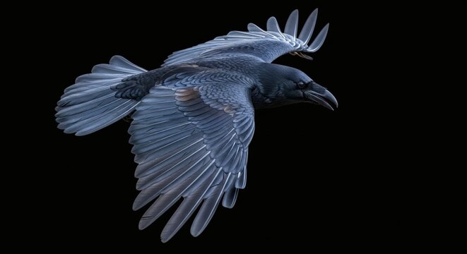 A raven soars against a stark black background, its wings spread wide in mid-flight, showcasing detailed feather structure. - Powered by Adobe
