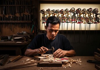 Focused Indonesian Artisan Meticulously Carves A Traditional Wayang Kulit Shadow Puppet From Leather In His Workshop Surrounded By Tools, Javanese Craftsmanship, Cultural Heritage, Handmade Art