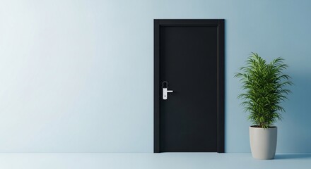 Modern black door with plant in minimalist bright blue office space