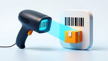 Modern scanner reading barcode on small package for inventory tracking and logistics management