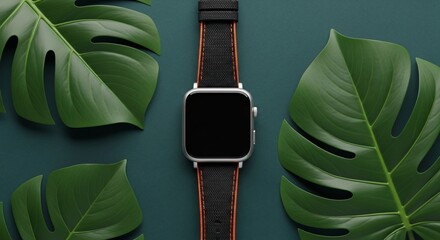 Modern smartwatch with natural green leaves, sleek tech accessory