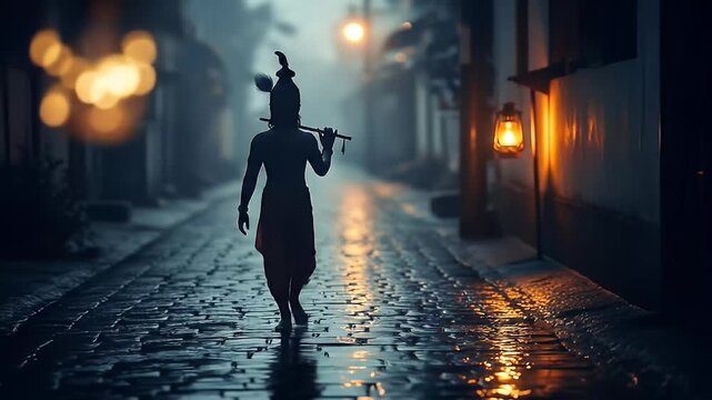 lord krishna with flute walks dark cobblestone street