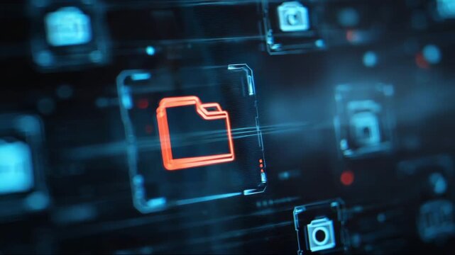 Digital folder icon on futuristic interface with glowing graphics, representing office workflow and file transfer concept  