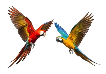 Fototapeta premium Scarlet Macaw and Blue-and-Gold Macaw Flying – Realistic Wildlife Photography on White Background-2