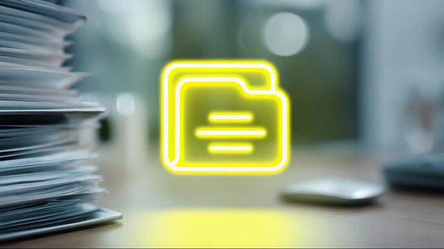 Neon folder icon glowing over stacks of papers on office desk, representing office workflow and file transfer concept  