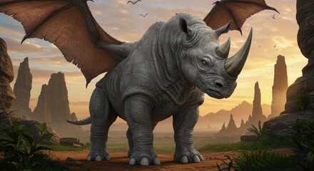 Fototapeta premium Rhino with dragon wings fantasy creature