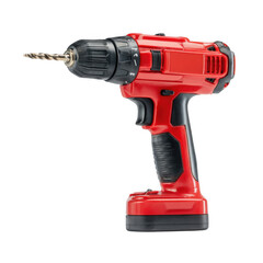 Cordless drill isolated on white background. New red cordless screwdriver with drill bit inserted, side view. Cordless power tool for drilling on a isolated [Transparent Background PNG]