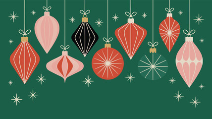 Retro Christmas Ornaments Hanging on Green Background with Star Accents and Merry Bright