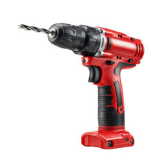 Cordless drill isolated on white background. New red cordless screwdriver with drill bit inserted, side view. Cordless power tool for drilling on a isolated [Transparent Background PNG]