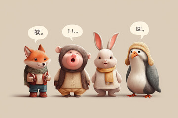 Cute animal characters speaking different languages