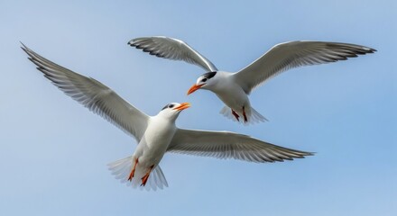 Obraz premium Two elegant terns soar gracefully through a clear blue sky, wings outstretched, their orange beaks and feet contrasting against their white and grey plumage.