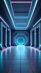 Fototapeta premium Futuristic corridor with glowing neon lights and reflective floor