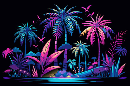 Vibrant neon jungle oasis with lush palm trees and exotic flora illuminated by electric blues and hot pinks, perfect for retro-modern tropical vibes and vibrant nightlife promotion