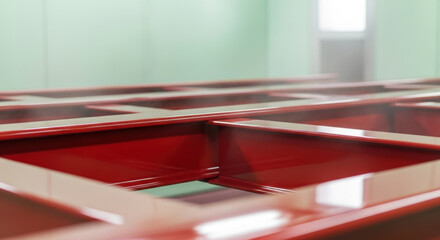 Glossy red metal rectangular frames arranged in symmetrical grid pattern inside industrial facility with mint green walls and distant closed door