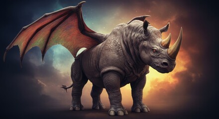 Fototapeta premium Flying rhino dragon in sunset sky