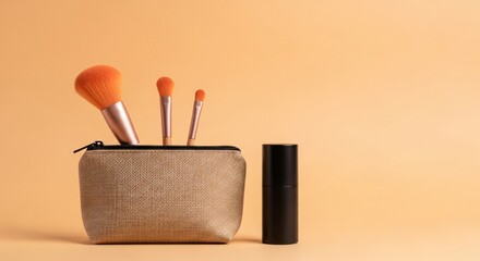 Elegant makeup brushes in cosmetic bag ready for travel beauty routine