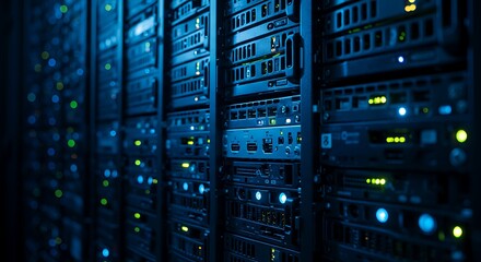 Rows of illuminated server racks glowing with blue and green lights in a dark data center