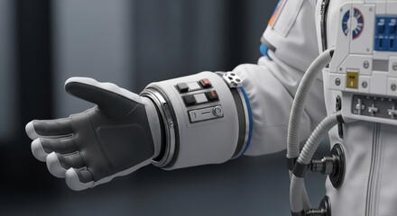 Close up gloved hand of astronaut extending arm in modern spacesuit, showing detailed control buttons, sleek white suit and advanced technology on wrist panel